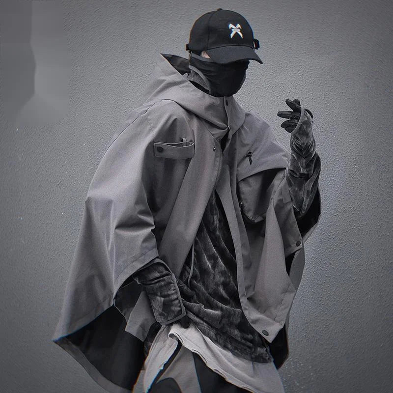 Japanese Cloak Techwear Hoodie in black — dark techwear streetwear, view 3 of 6