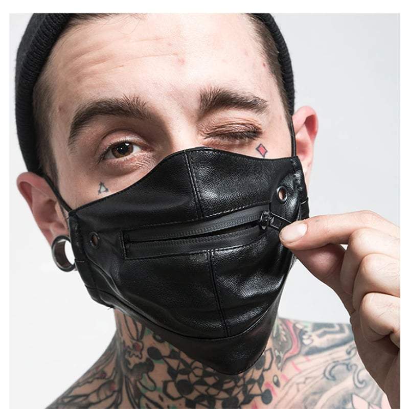 Techwear Leather Mask with Zipper Mouth