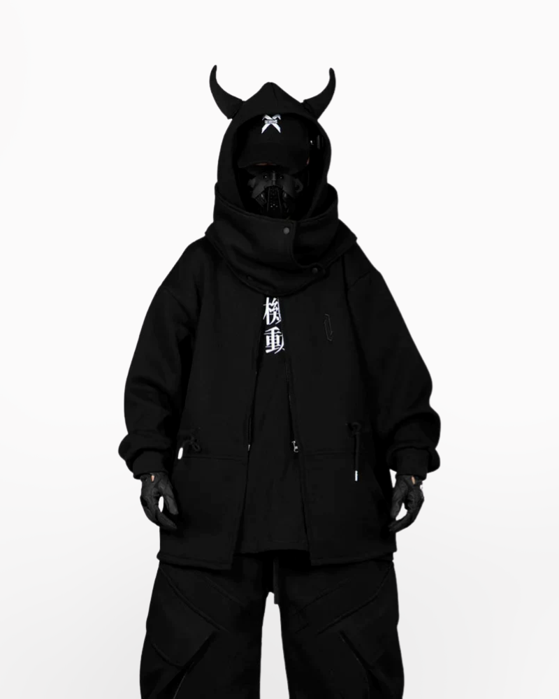 Techwear Black Hoodie With Horns