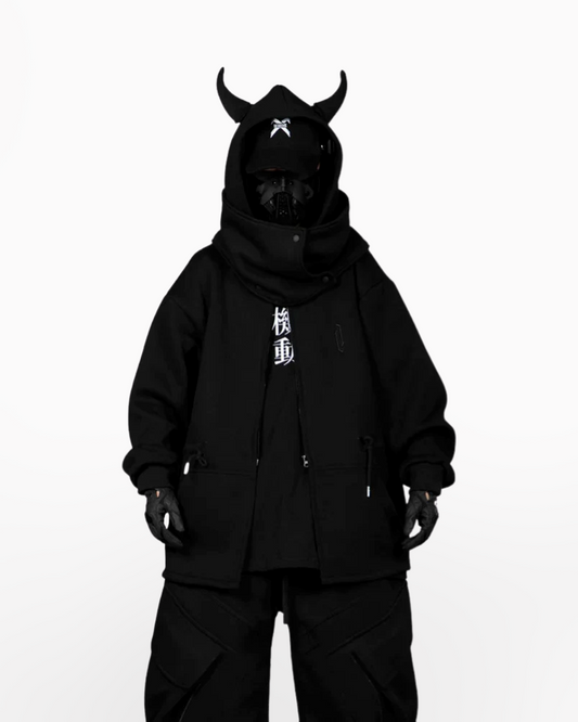 Techwear Black Hoodie With Horns